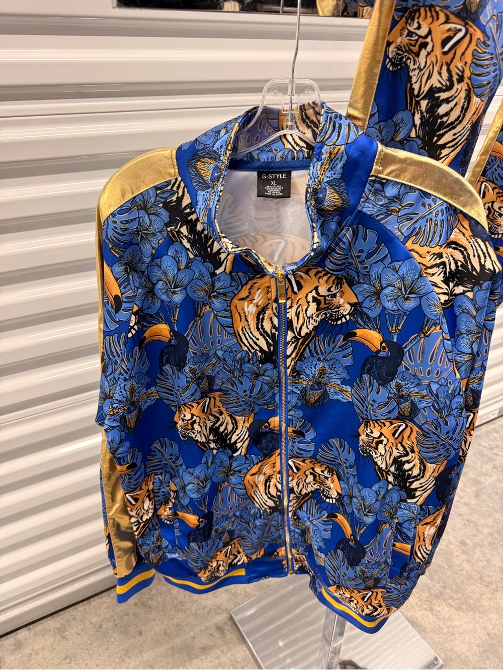 OC Style Men's Blue Tiger Print Zip Track Jacket with Gold Trim
